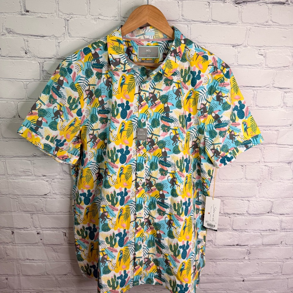MTL Made To Live Slim Fit Monkey Toucan Button Down Shirt Large NWT